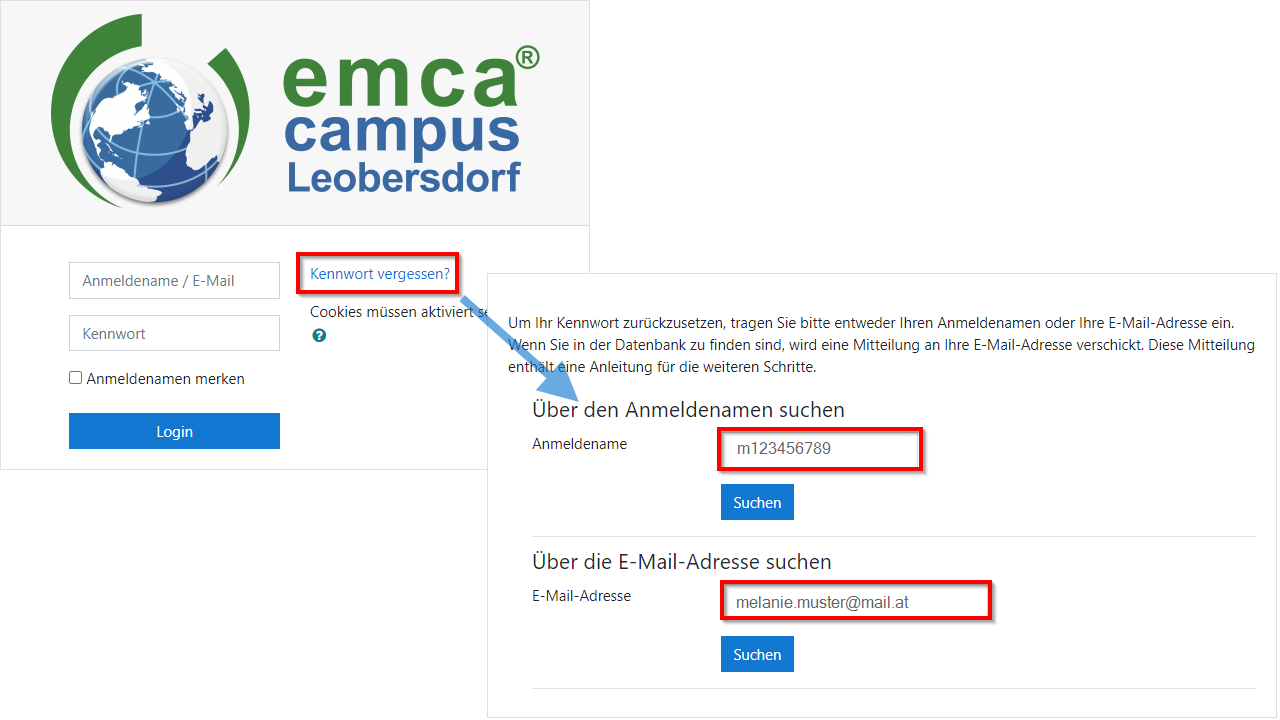Moodle Hilfe Passwort anfordern