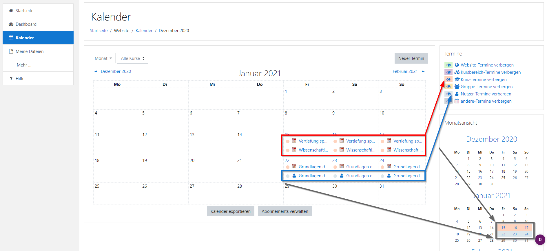 Moodle Hilfe Kalender